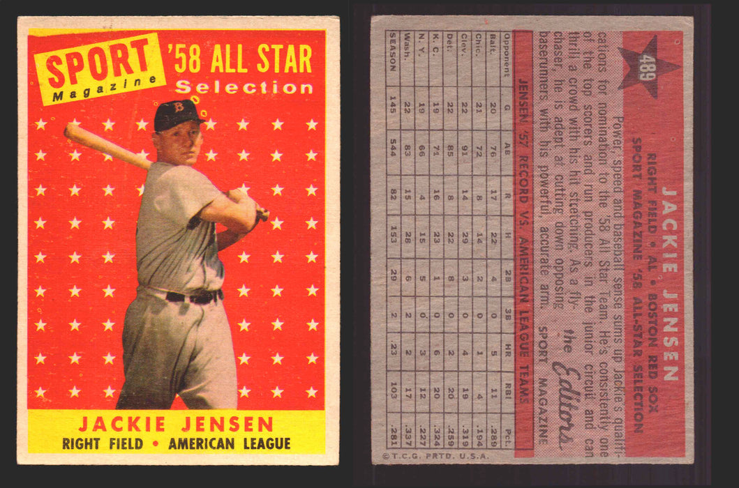 1958 Topps Baseball Trading Card You Pick Single Cards #1 - 495 EX/NM #	489	Jackie Jensen  - TvMovieCards.com
