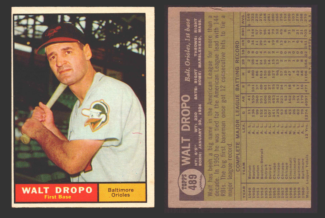 1961 Topps Baseball Trading Card You Pick Singles #400-#499 VG/EX #	489 Walt Dropo - Baltimore Orioles (damaged)  - TvMovieCards.com