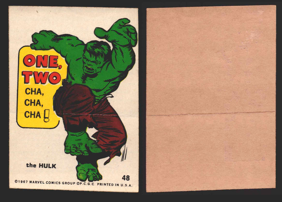 1967 Philadelphia Gum Marvel Super Hero Stickers Vintage You Pick Singles #1-55 48   The Hulk - One two Cha cha cha!  - TvMovieCards.com