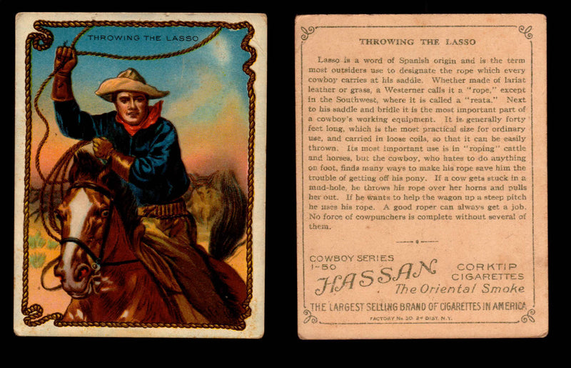 1909 T53 Hassan Cigarettes Cowboy Series #1-50 Trading Cards Singles #48 Throwing A Lasso  - TvMovieCards.com