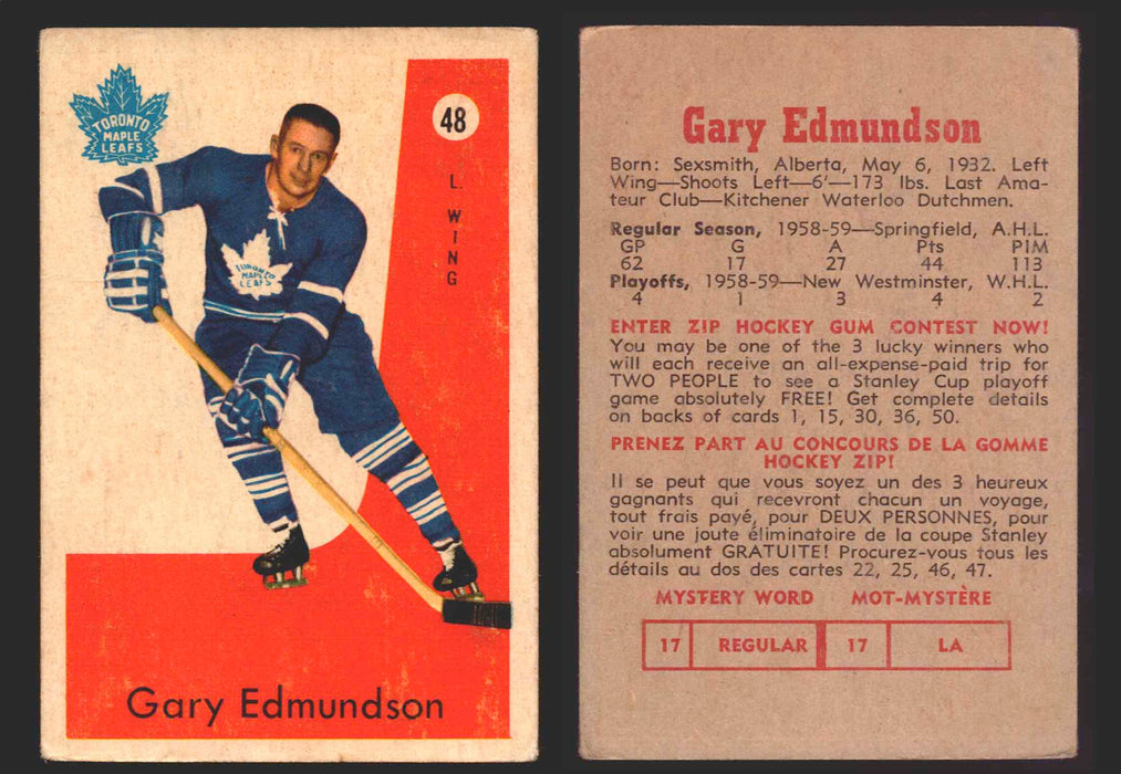 1959-60 Parkhurst Hockey NHL Trading Card You Pick Single Cards #1 - 50 NM/VG #48 Gary "Duke" Edmundson RC  - TvMovieCards.com