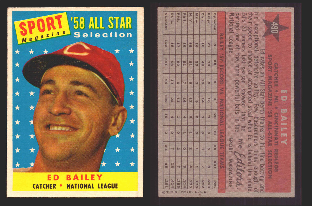 1958 Topps Baseball Trading Card You Pick Single Cards #1 - 495 EX/NM #	490	Ed Bailey  - TvMovieCards.com