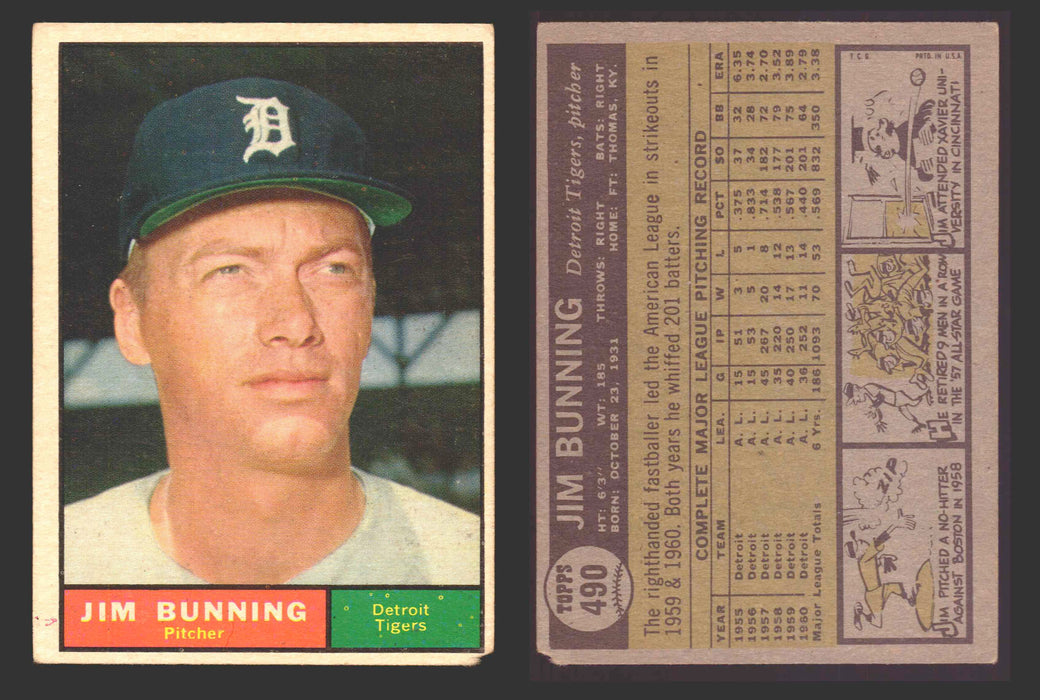 1961 Topps Baseball Trading Card You Pick Singles #400-#499 VG/EX #	490 Jim Bunning - Detroit Tigers  - TvMovieCards.com