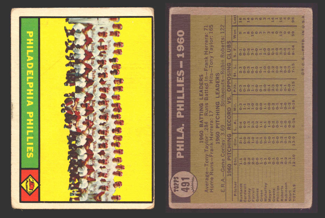 1961 Topps Baseball Trading Card You Pick Singles #400-#499 VG/EX #	491 Philadelphia Phillies Team  - TvMovieCards.com