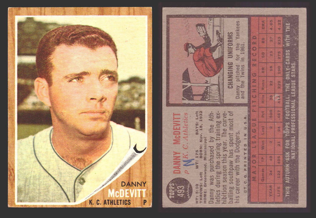1962 Topps Baseball Trading Card You Pick Singles #400-#499 VG/EX #	493 Danny McDevitt - Kansas City Athletics (marked)  - TvMovieCards.com