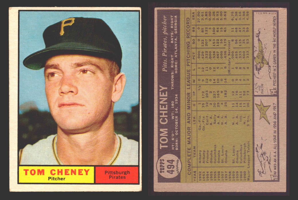 1961 Topps Baseball Trading Card You Pick Singles #400-#499 VG/EX #	494 Tom Cheney - Pittsburgh Pirates  - TvMovieCards.com