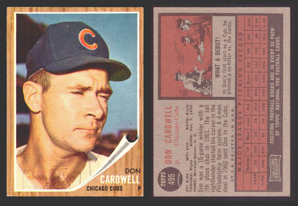 1962 Topps Baseball Trading Card You Pick Singles #400-#499 VG/EX #	495 Don Cardwell - Chicago Cubs  - TvMovieCards.com