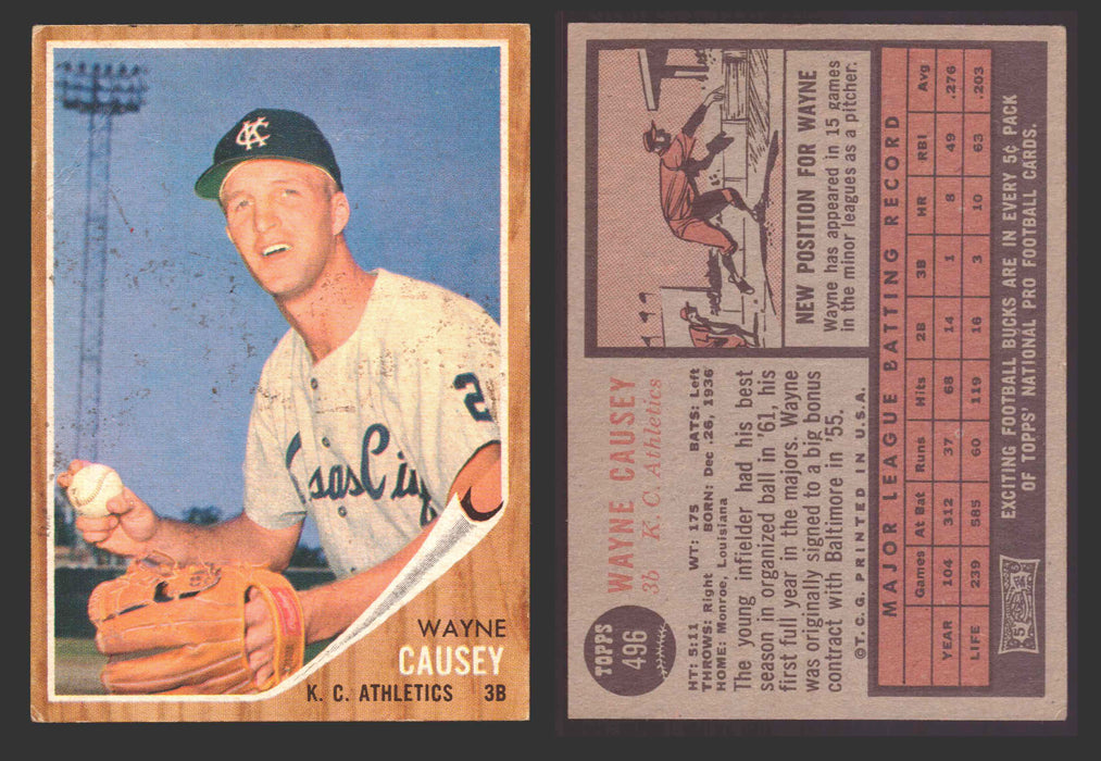 1962 Topps Baseball Trading Card You Pick Singles #400-#499 VG/EX #	496 Wayne Causey - Kansas City Athletics RC (creased)  - TvMovieCards.com