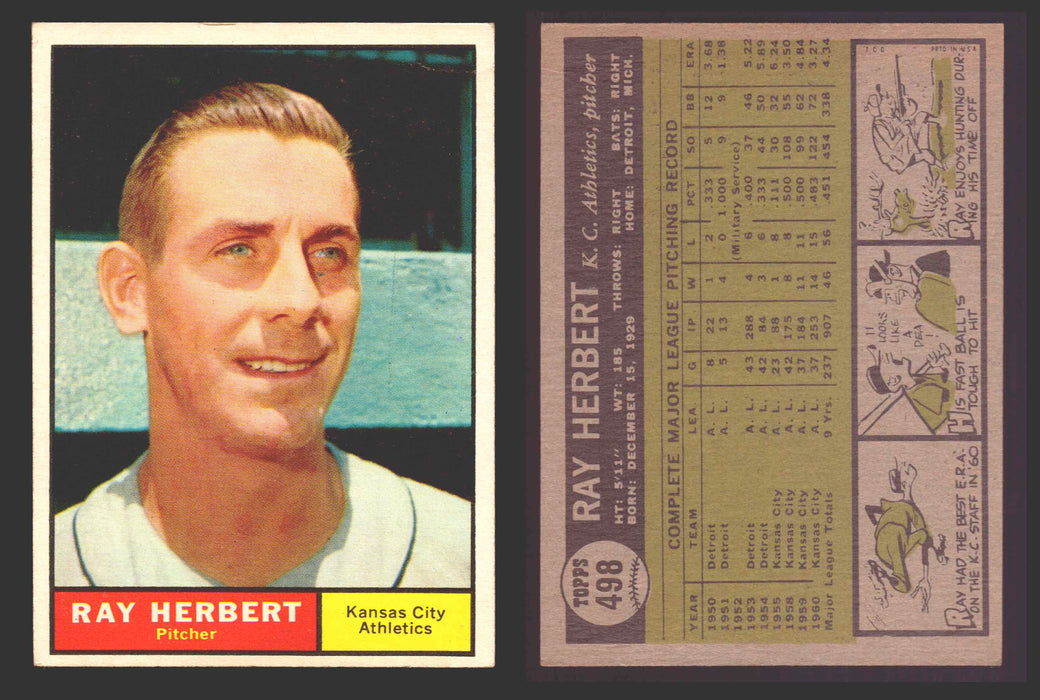 1961 Topps Baseball Trading Card You Pick Singles #400-#499 VG/EX #	498 Ray Herbert - Kansas City Athletics  - TvMovieCards.com