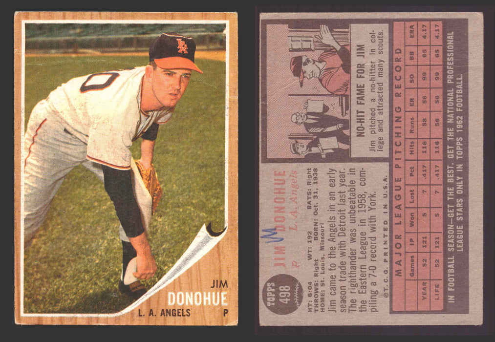1962 Topps Baseball Trading Card You Pick Singles #400-#499 VG/EX #	498 Jim Donohue - Los Angeles Angels  (creased/marked)  - TvMovieCards.com
