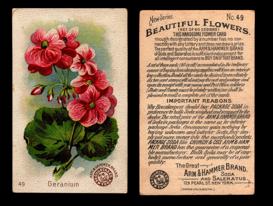 Beautiful Flowers New Series You Pick Singles Card #1-#60 Arm & Hammer 1888 J16 #49 Geranium  - TvMovieCards.com