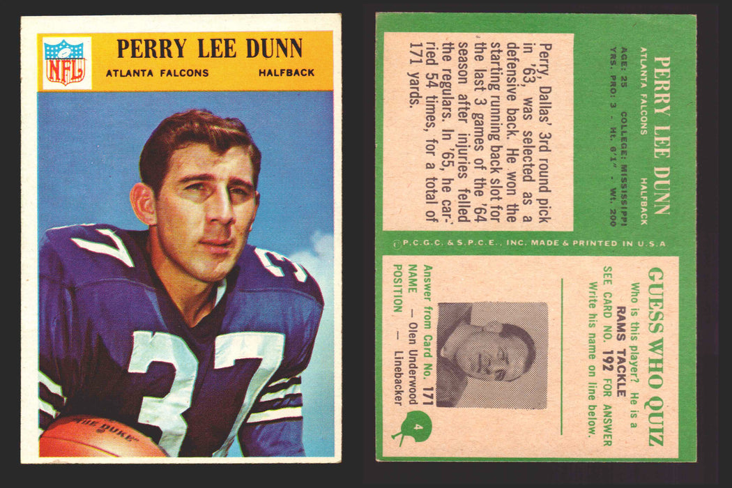 1966 Philadelphia Football NFL Trading Card You Pick Singles #1-#99 VG/EX 4 Perry Lee Dunn  - Atlanta Falcons RC  - TvMovieCards.com