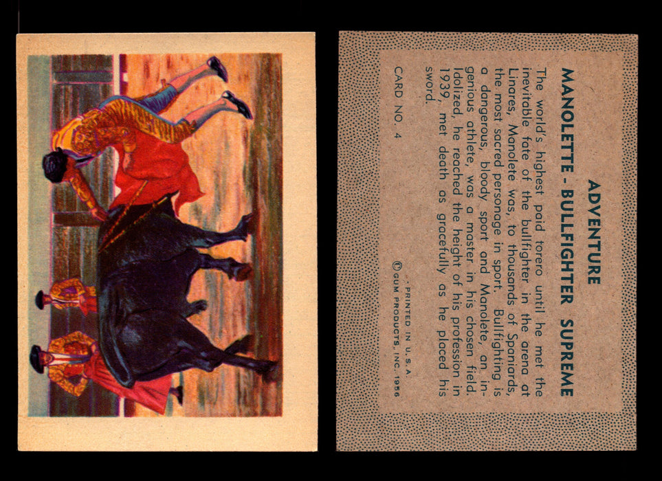 1956 Adventure Vintage Trading Cards Gum Products #1-#100 You Pick Singles #4 Manolette - BillFighter - Supreme  - TvMovieCards.com