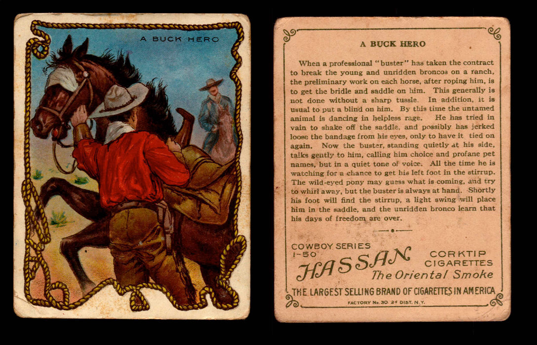 1909 T53 Hassan Cigarettes Cowboy Series #1-50 Trading Cards Singles #4 A Buck Hero  - TvMovieCards.com