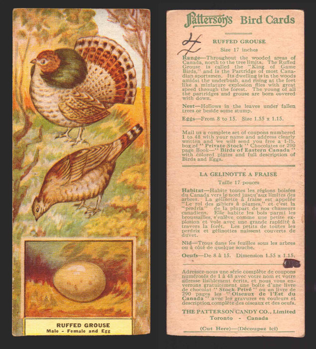 1924 Patterson's Bird Chocolate Vintage Trading Cards U Pick Singles #1-46 4 Ruffed Grouse  - TvMovieCards.com