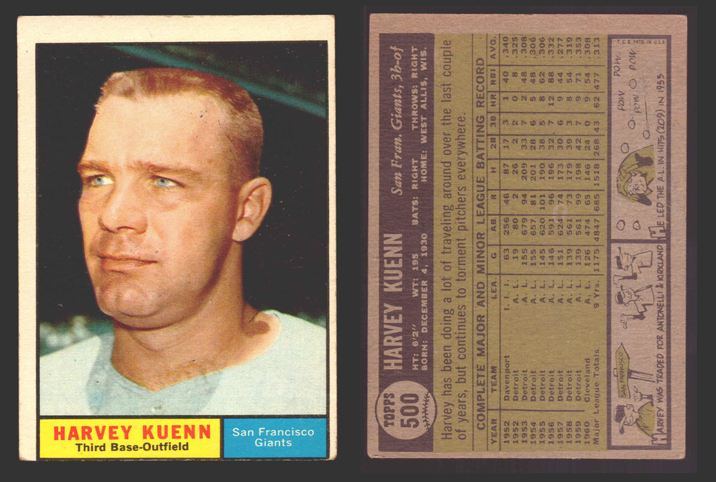 1961 Topps Baseball Trading Card You Pick Singles #500-#589 VG/EX #	500 Harvey Kuenn - San Francisco Giants  - TvMovieCards.com