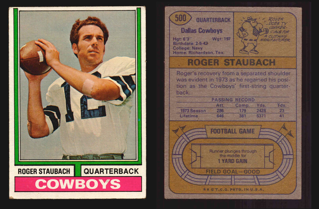 1974 Topps Football Trading Card You Pick Singles #1-#528 G/VG/EX #	500	Roger Staubach (HOF)  - TvMovieCards.com