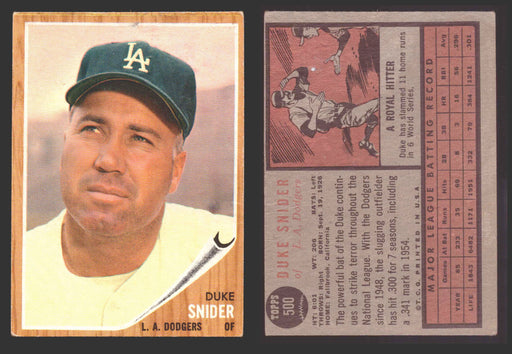 1962 Topps Baseball Trading Card You Pick Singles #500-#598 VG/EX #	500 Duke Snider - Los Angeles Dodgers (creased)  - TvMovieCards.com