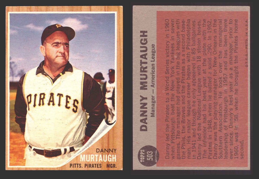 1962 Topps Baseball Trading Card You Pick Singles #500-#598 VG/EX #	503 Danny Murtaugh - Pittsburgh Pirates  - TvMovieCards.com