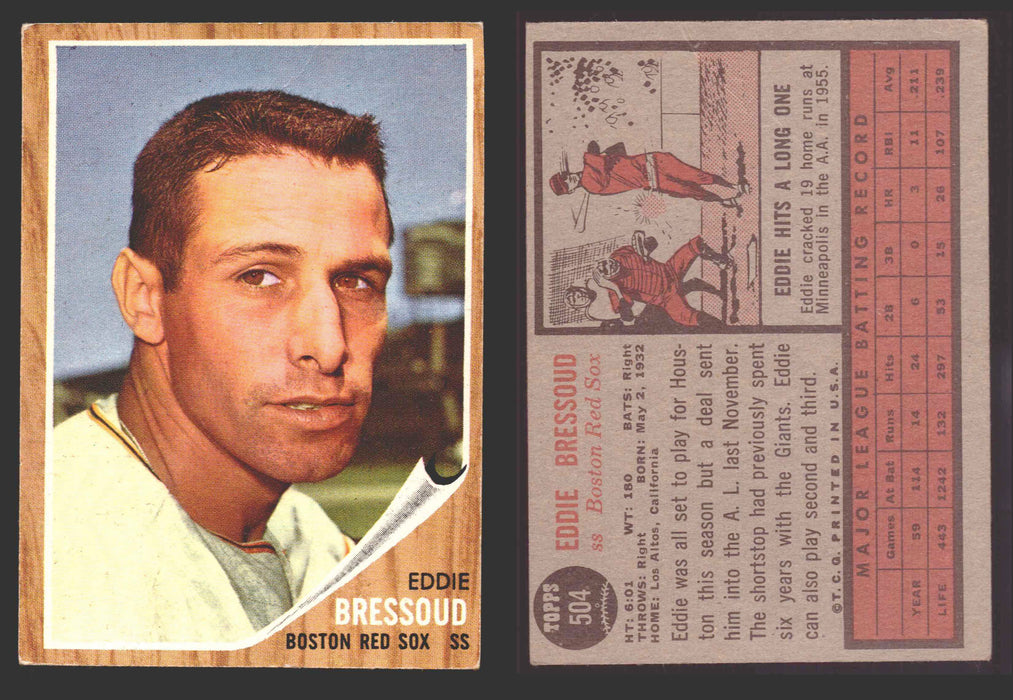 1962 Topps Baseball Trading Card You Pick Singles #500-#598 VG/EX #	504 Eddie Bressoud - Boston Red Sox (creased)  - TvMovieCards.com