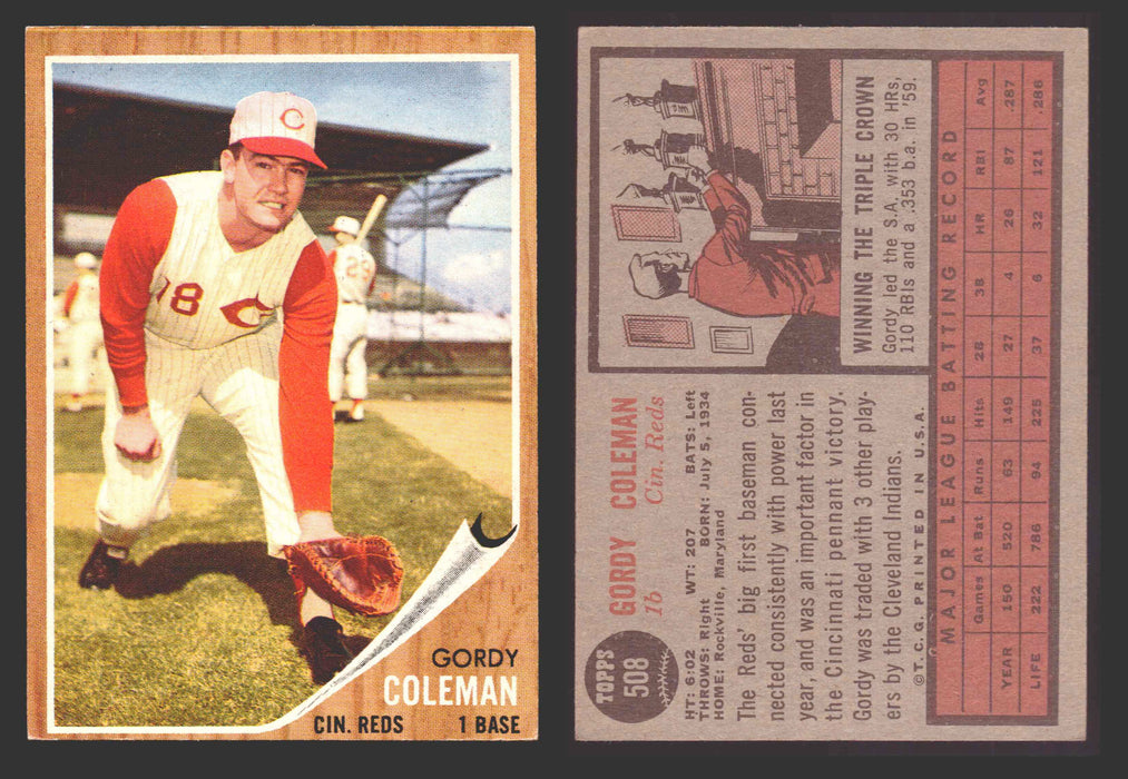 1962 Topps Baseball Trading Card You Pick Singles #500-#598 VG/EX #	508 Gordy Coleman - Cincinnati Reds  - TvMovieCards.com