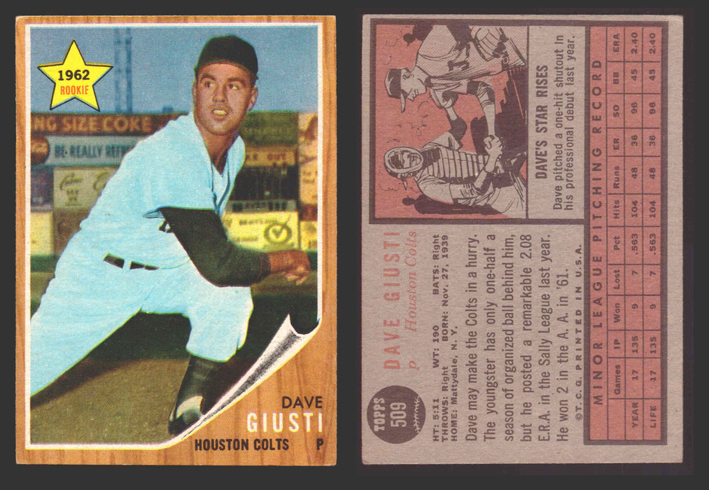 1962 Topps Baseball Trading Card You Pick Singles #500-#598 VG/EX #	509 Dave Giusti - Houston Colt .45's RC  - TvMovieCards.com