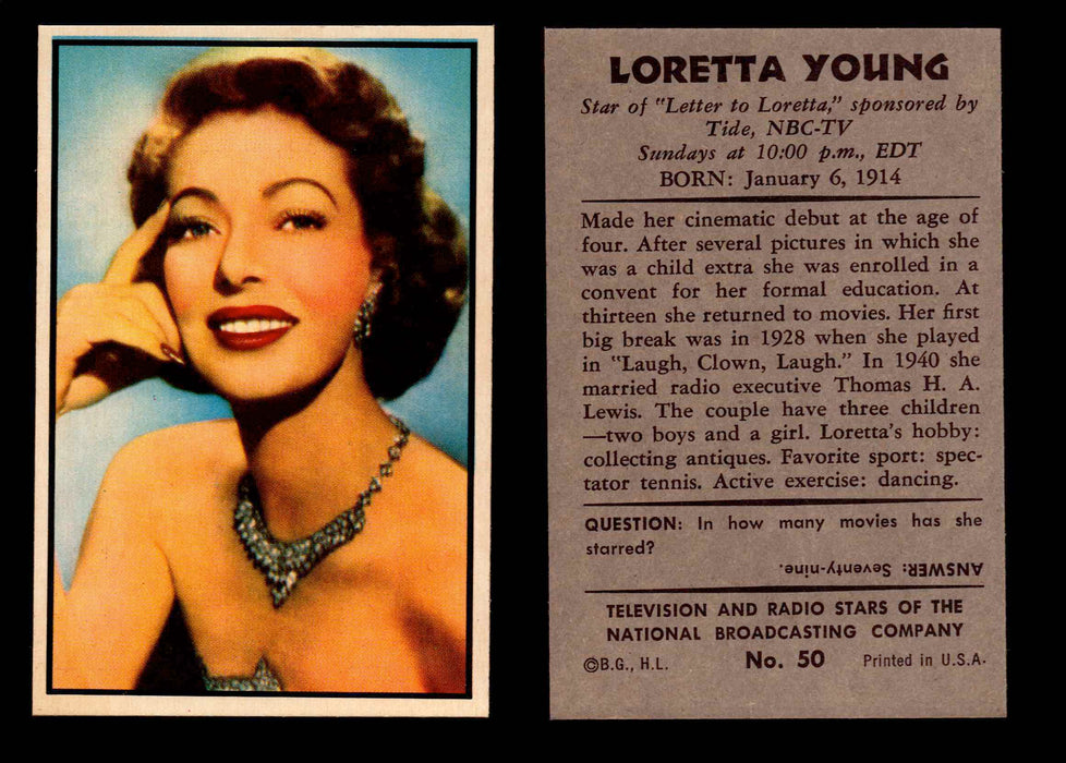 1953 Bowman NBC TV & Radio Stars Vintage Trading Card You Pick Singles #1-96 #50 Loretta Young  - TvMovieCards.com