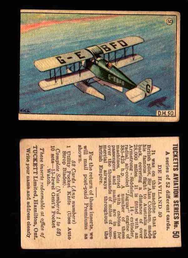 1929 Tucketts Aviation Series 1 Vintage Trading Cards You Pick Singles #1-52 #50 De Haviland 50  - TvMovieCards.com