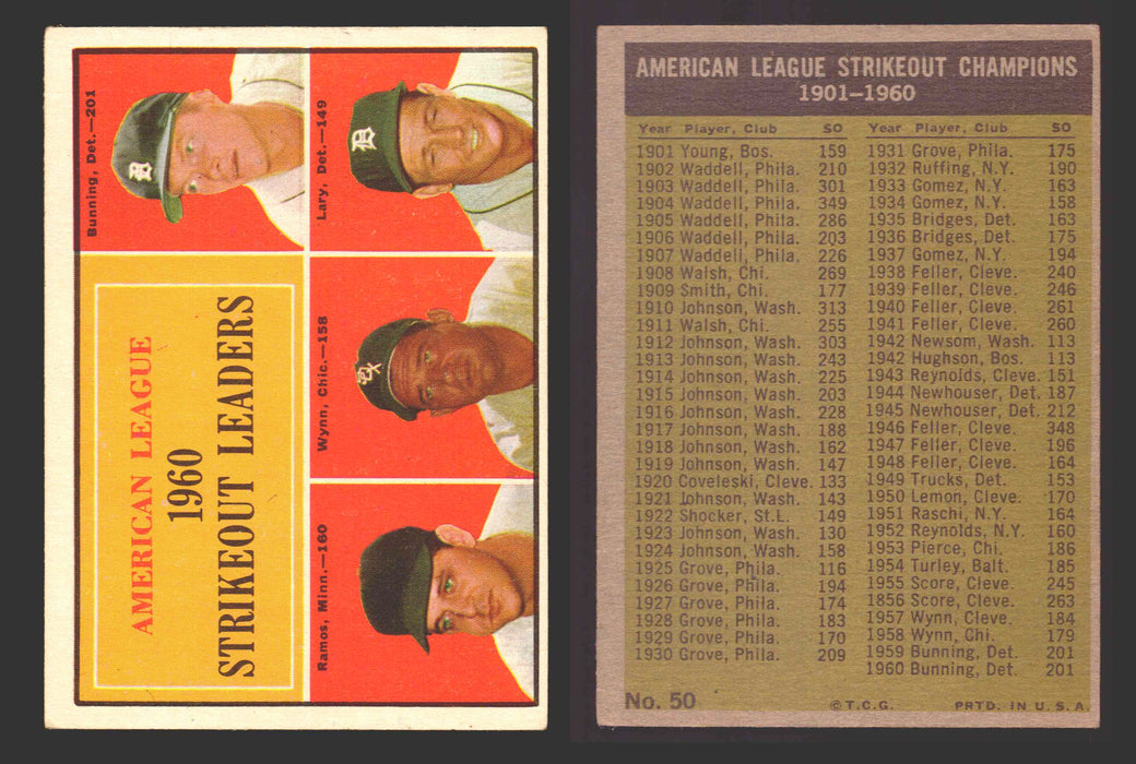 1961 Topps Baseball Trading Card You Pick Singles #1-#99 VG/EX #	50 AL 1960 Strikeout Leaders - Jim Bunning / Frank Lary / Pedro Ramos / Early Wynn  - TvMovieCards.com