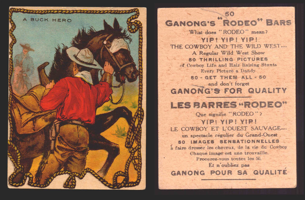 1930 Ganong "Rodeo" Bars V155 Cowboy Series #1-50 Trading Cards Singles #50 A Buck Hero  - TvMovieCards.com
