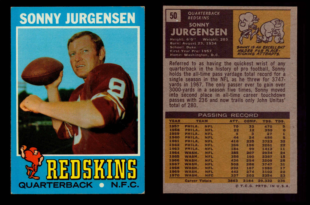 1971 Topps Football Trading Card You Pick Singles #1-#263 G/VG/EX #	50	Sonny Jurgensen (HOF)  - TvMovieCards.com