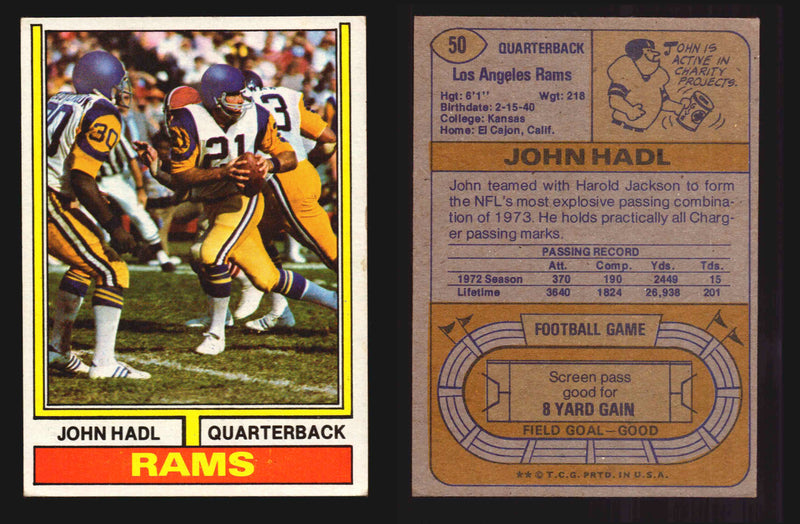1974 Topps Football Trading Card You Pick Singles #1-#528 G/VG/EX #	50	John Hadl  - TvMovieCards.com