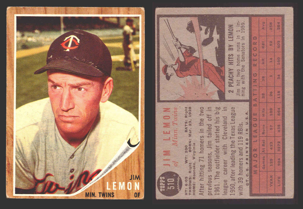 1962 Topps Baseball Trading Card You Pick Singles #500-#598 VG/EX #	510 Jim Lemon - Minnesota Twins  - TvMovieCards.com