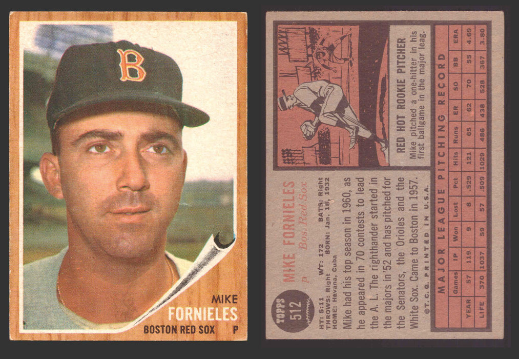1962 Topps Baseball Trading Card You Pick Singles #500-#598 VG/EX #	512 Mike Fornieles - Boston Red Sox  - TvMovieCards.com