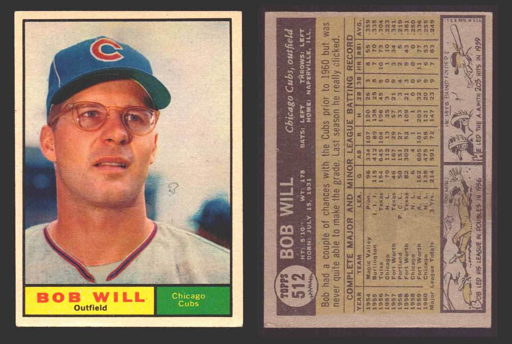 1961 Topps Baseball Trading Card You Pick Singles #500-#589 VG/EX #	512 Bob Will - Chicago Cubs  - TvMovieCards.com