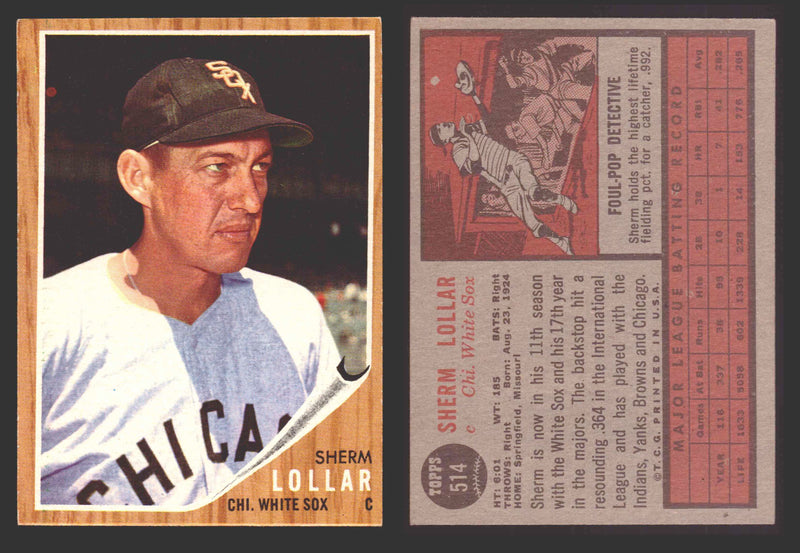 1962 Topps Baseball Trading Card You Pick Singles #500-#598 VG/EX #	514 Sherm Lollar - Chicago White Sox  - TvMovieCards.com
