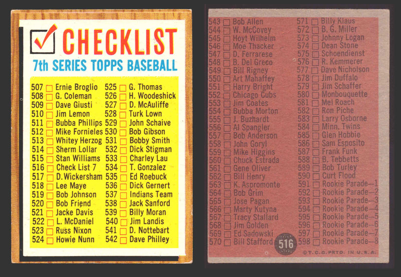 1962 Topps Baseball Trading Card You Pick Singles #500-#598 VG/EX #	516 Checklist 507-598  - TvMovieCards.com