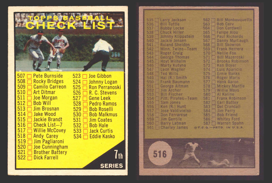 1961 Topps Baseball Trading Card You Pick Singles #500-#589 VG/EX #	516 Checklist 507-587 (marked)  - TvMovieCards.com