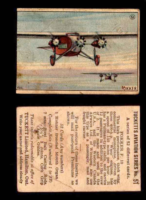 1929 Tucketts Aviation Series 1 Vintage Trading Cards You Pick Singles #1-52 #51 Fokker F 10  - TvMovieCards.com