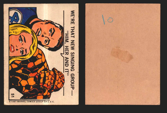 1967 Philadelphia Gum Marvel Super Hero Stickers Vintage You Pick Singles #1-55 51   [Mr. Fantastic Invisible Girl & The Thing] - We're that new singing group---"Him her and it".  - TvMovieCards.com