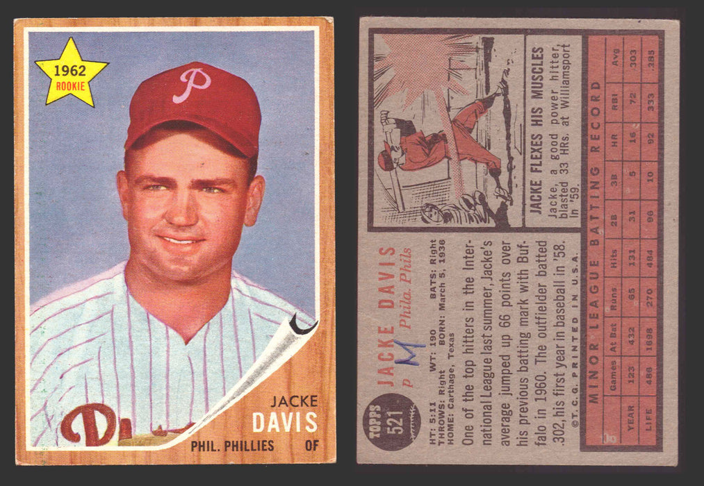1962 Topps Baseball Trading Card You Pick Singles #500-#598 VG/EX #	521 Jacke Davis - Philadelphia Phillies RC (marked)  - TvMovieCards.com
