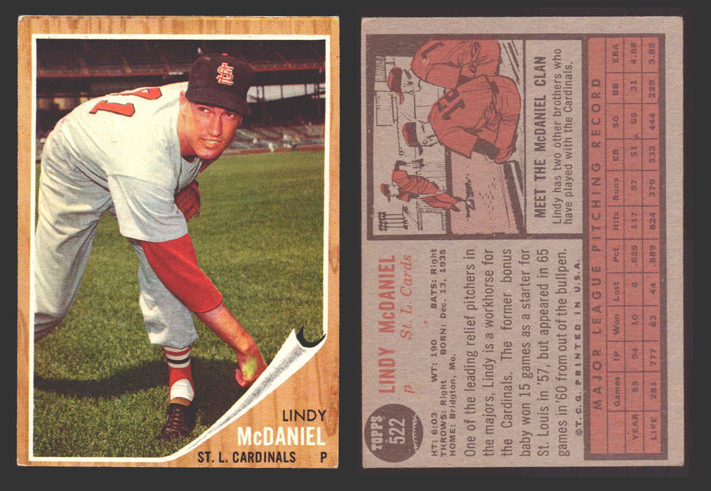1962 Topps Baseball Trading Card You Pick Singles #500-#598 VG/EX #	522 Lindy McDaniel - St. Louis Cardinals  - TvMovieCards.com
