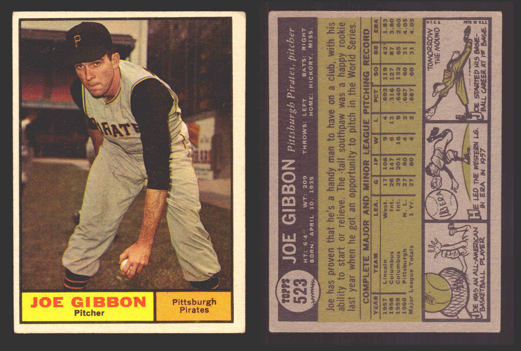 1961 Topps Baseball Trading Card You Pick Singles #500-#589 VG/EX #	523 Joe Gibbon - Pittsburgh Pirates  - TvMovieCards.com