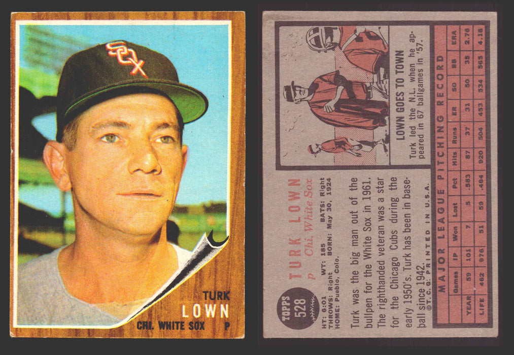 1962 Topps Baseball Trading Card You Pick Singles #500-#598 VG/EX #	528 Turk Lown - Chicago White Sox  - TvMovieCards.com