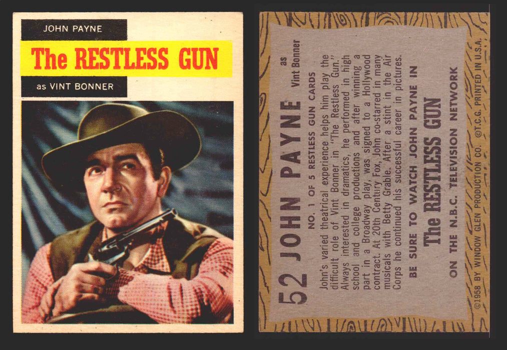 1958 TV Westerns Topps Vintage Trading Cards You Pick Singles #1-71 52   John Payne as Vint Bonner  - TvMovieCards.com