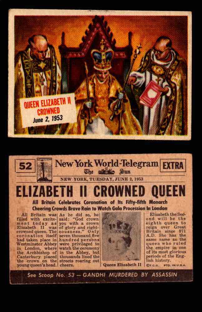 1954 Scoop Newspaper Series 1 Topps Vintage Trading Cards You Pick Singles #1-78 52   Queen Elizabeth II Crowned  - TvMovieCards.com