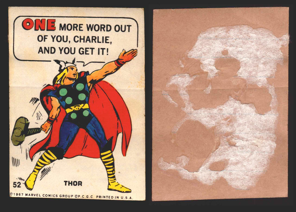 1967 Philadelphia Gum Marvel Super Hero Stickers Vintage You Pick Singles #1-55 52   Thor - One more word out of you Charlie and you get it!  - TvMovieCards.com