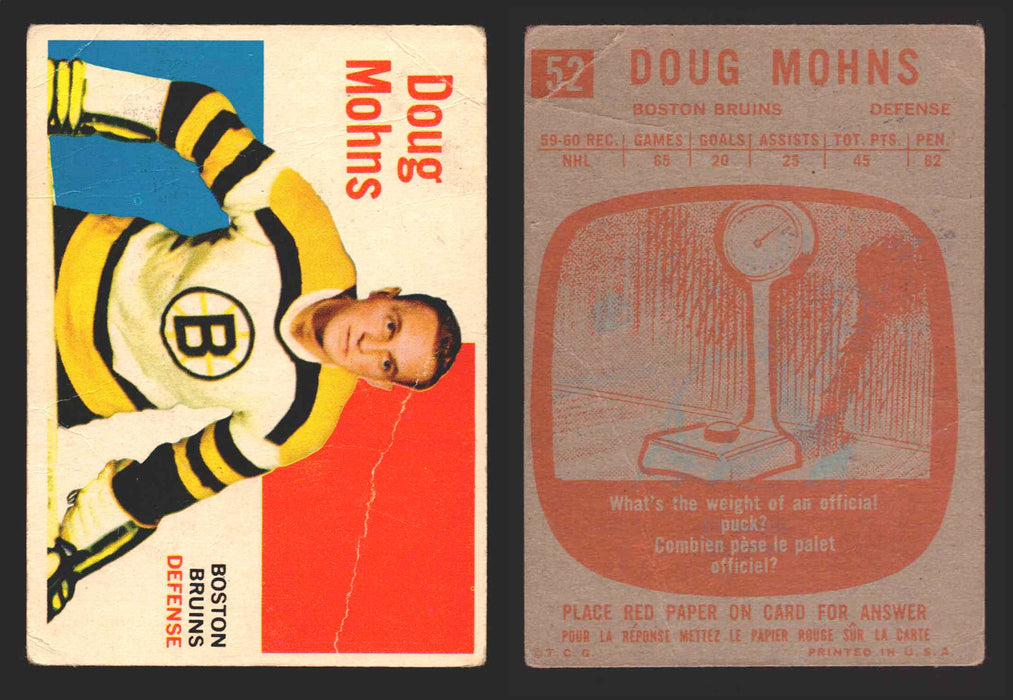 1960-61 Topps Hockey NHL Trading Card You Pick Single Cards #1 - 66 EX/NM 52 Doug Mohns  - TvMovieCards.com