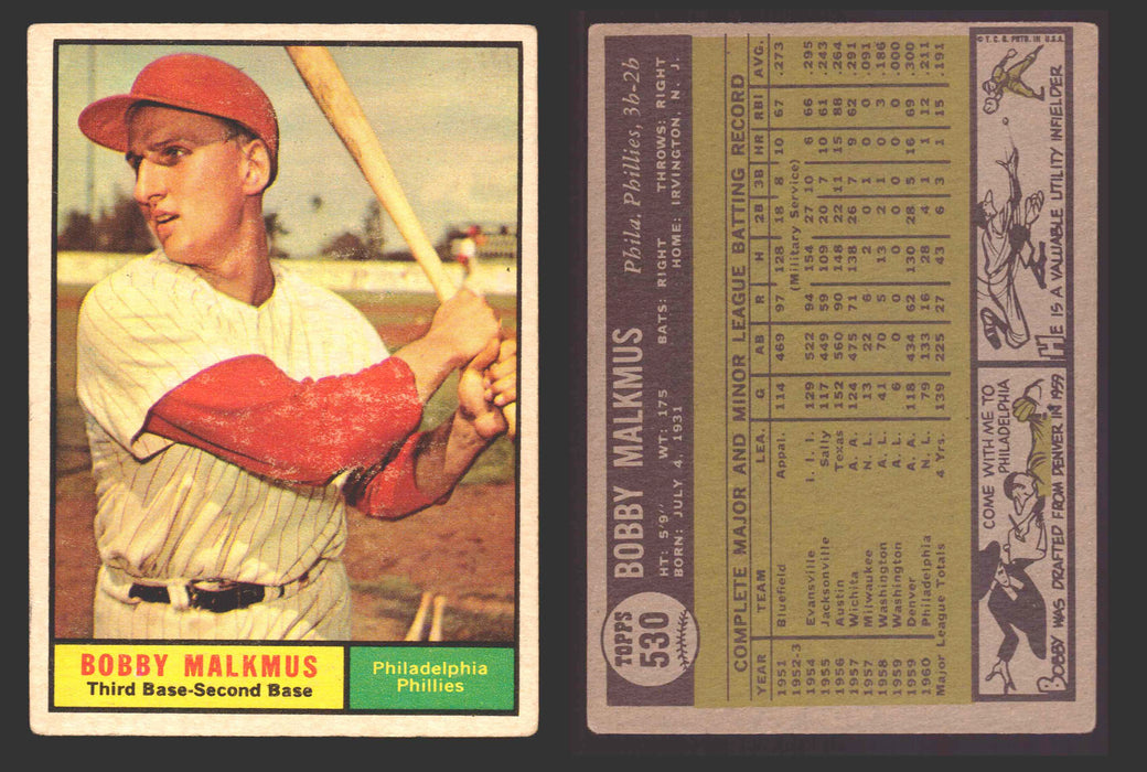 1961 Topps Baseball Trading Card You Pick Singles #500-#589 VG/EX #	530 Bobby Malkmus - Philadelphia Phillies  - TvMovieCards.com