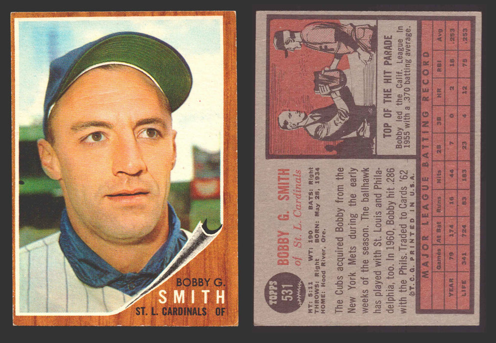 1962 Topps Baseball Trading Card You Pick Singles #500-#598 VG/EX #	531 Bobby Gene Smith - St. Louis Cardinals  - TvMovieCards.com